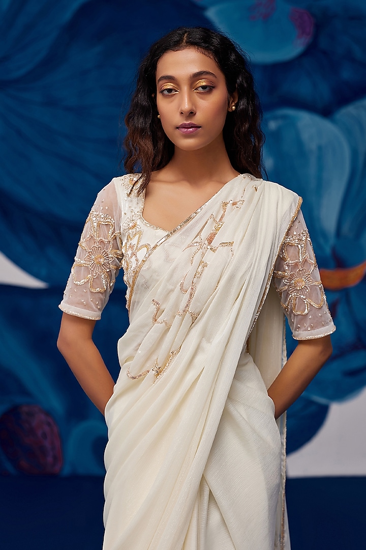 Ivory Soft Georgette Motif Embroidered Pre-Stitched Wedding Saree Set by Zoon Tribe at Pernia's Pop Up Shop