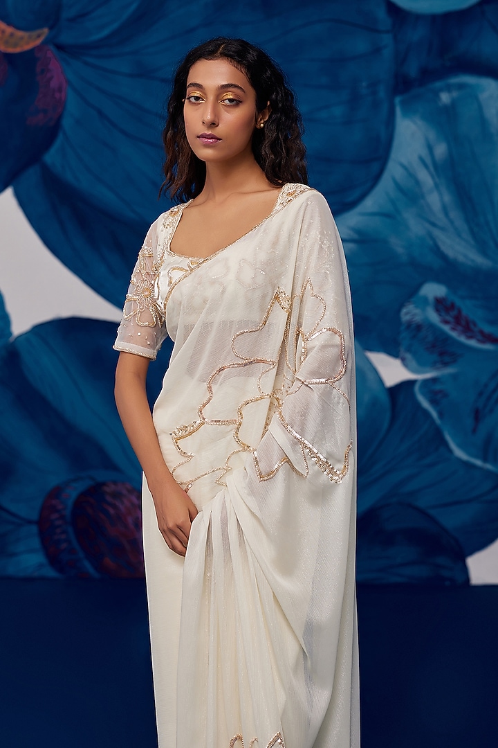 Ivory Soft Georgette Motif Embroidered Pre-Stitched Wedding Saree Set by Zoon Tribe at Pernia's Pop Up Shop