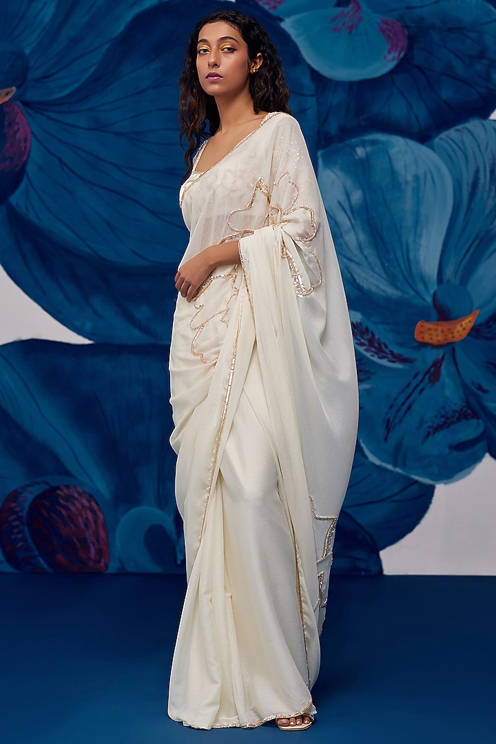 Ivory Soft Georgette Motif Embroidered Pre-Stitched Wedding Saree Set by Zoon Tribe at Pernia's Pop Up Shop