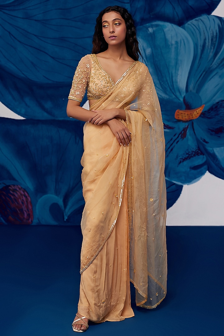 Golden Chiffon & Silk Organza Pre-Stitched Draped Saree Set by Zoon Tribe