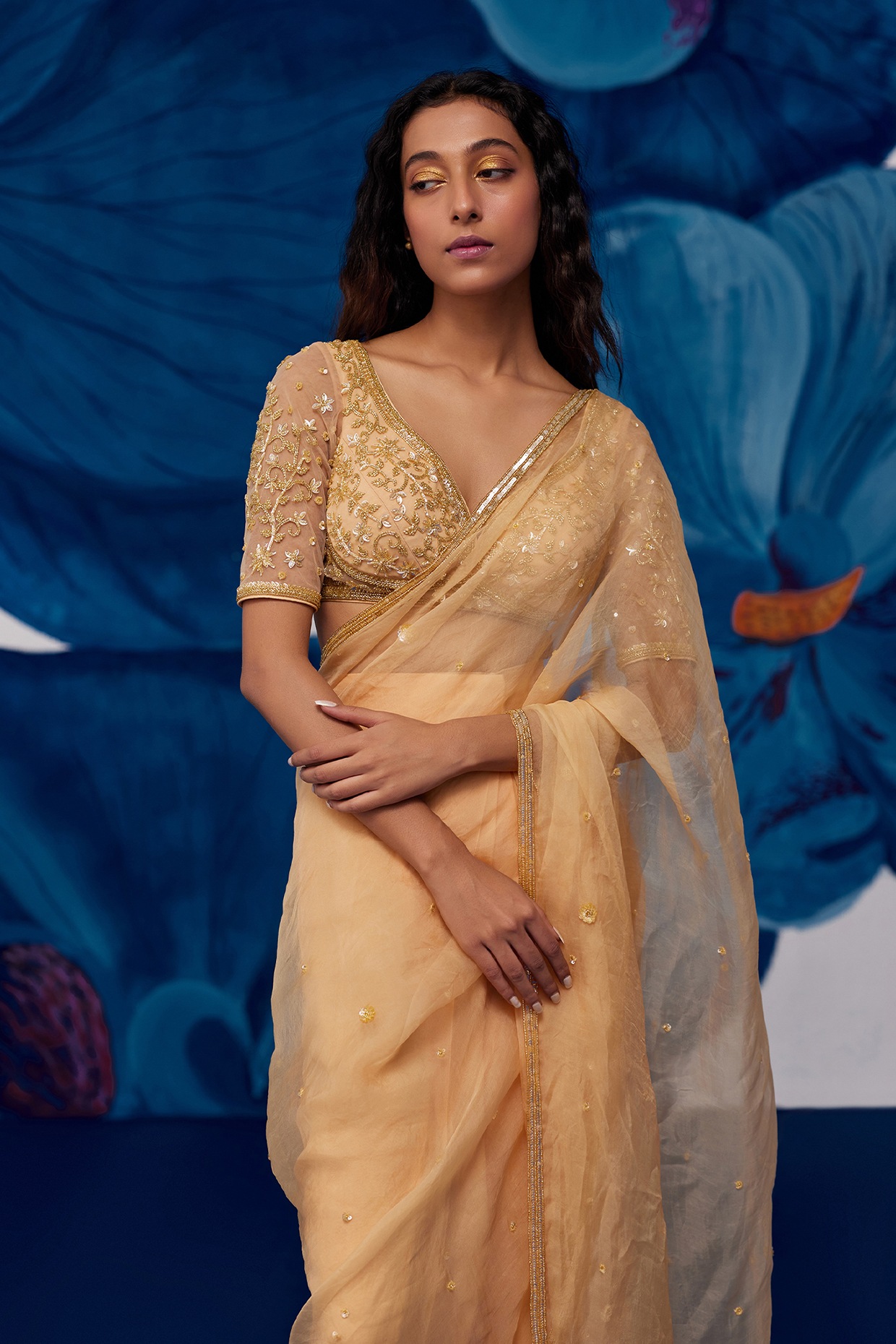 CM - Golden color Lichi Silk Saree - Indian