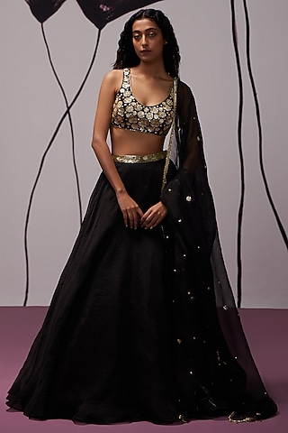Black Silk Organza Lehenga Set by Zoon Tribe