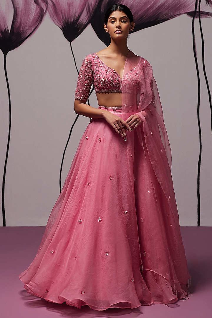 Pink Silk Organza Motif Hand Embroidered Lehenga Set by Zoon Tribe