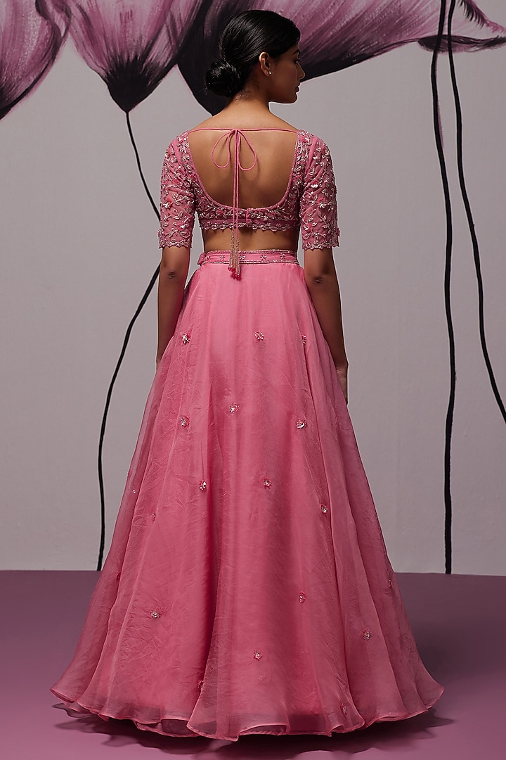 Pink Silk Organza Motif Hand Embroidered Wedding Lehenga Set by Zoon Tribe at Pernia's Pop Up Shop