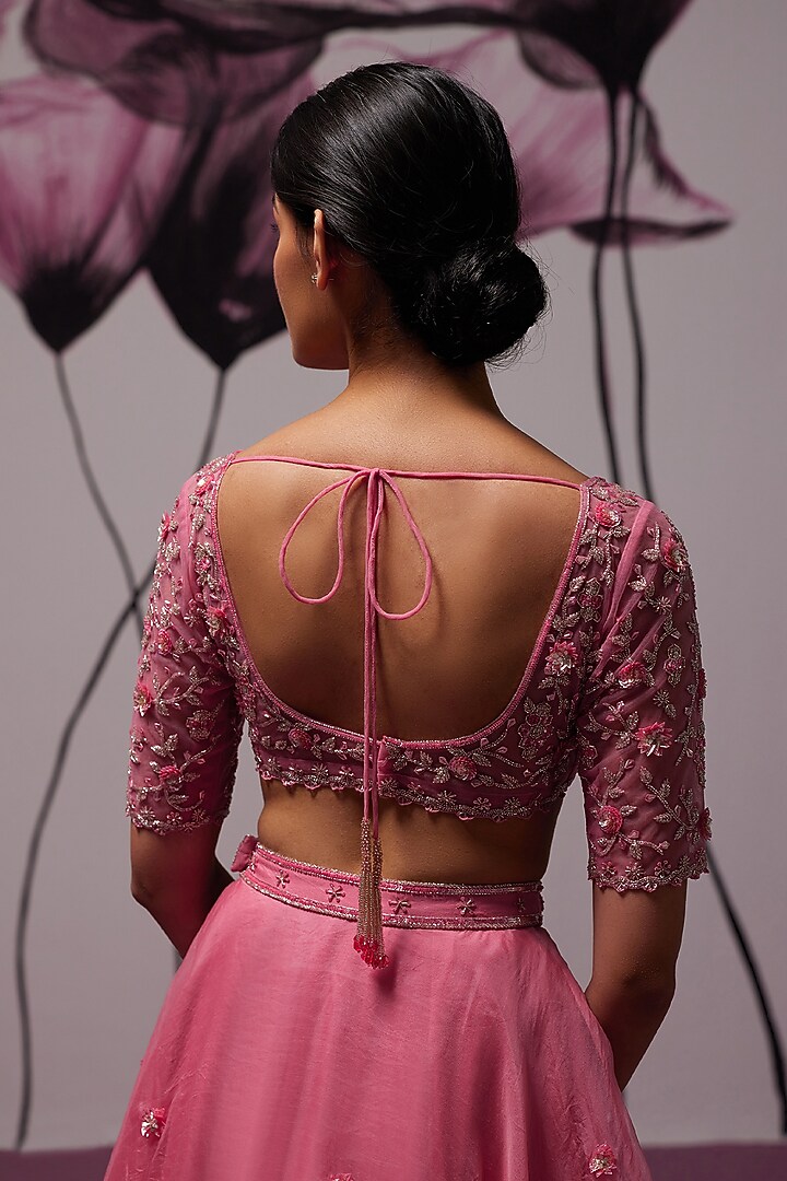 Pink Silk Organza Motif Hand Embroidered Wedding Lehenga Set by Zoon Tribe at Pernia's Pop Up Shop