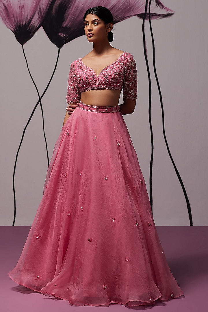 The Pink Palette Raw Silk Lehenga Set with Ethereal Organza Drape