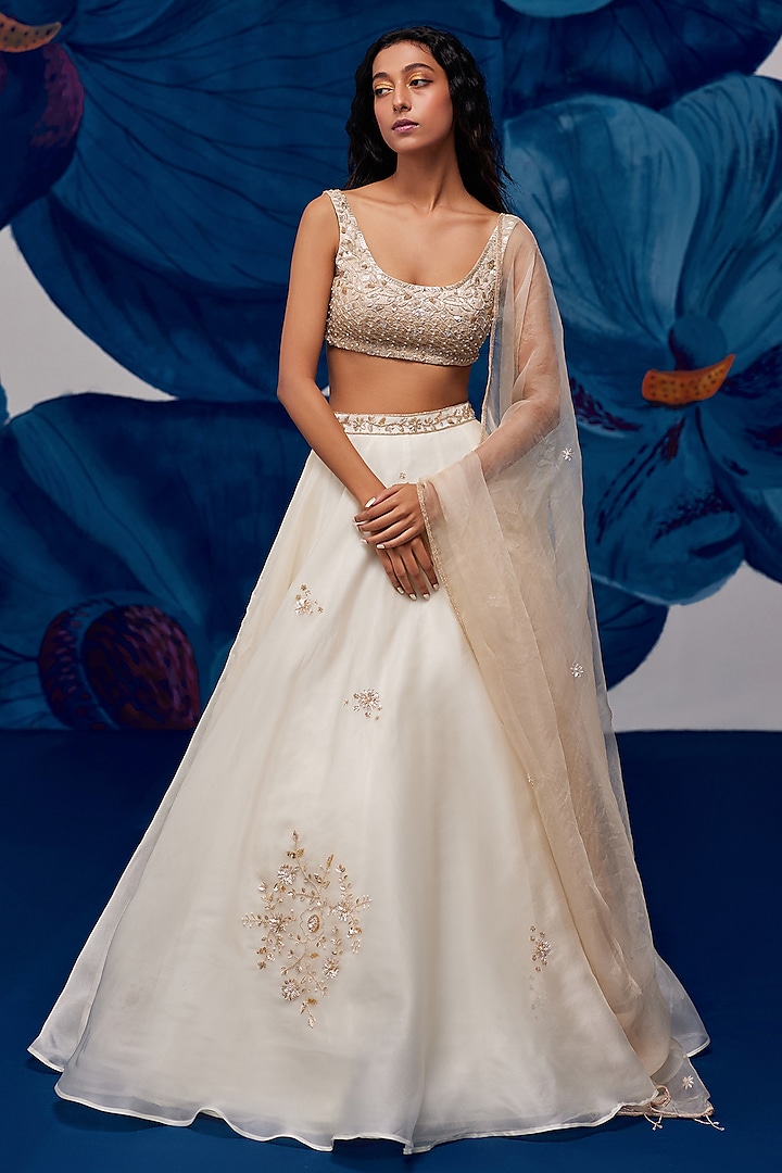 Ivory Satin Organza Motif Hand Embroidered Lehenga Set by Zoon Tribe