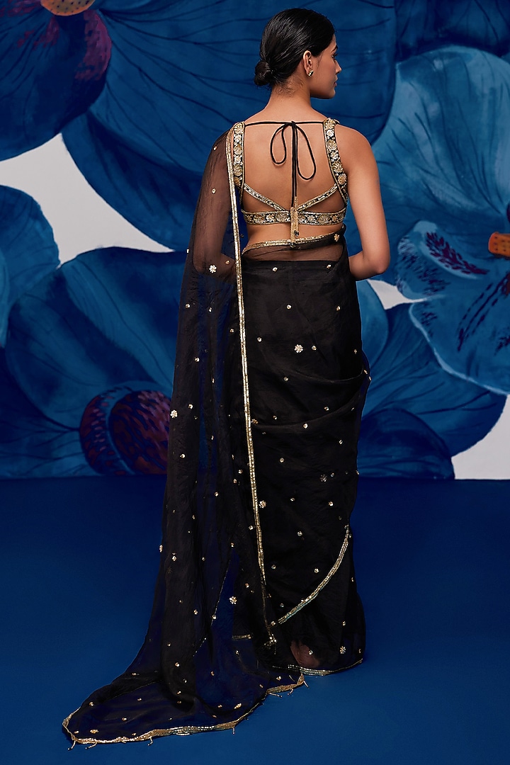 Black Silk Organza Hand Embroidered Wedding Saree Set by Zoon Tribe at Pernia's Pop Up Shop