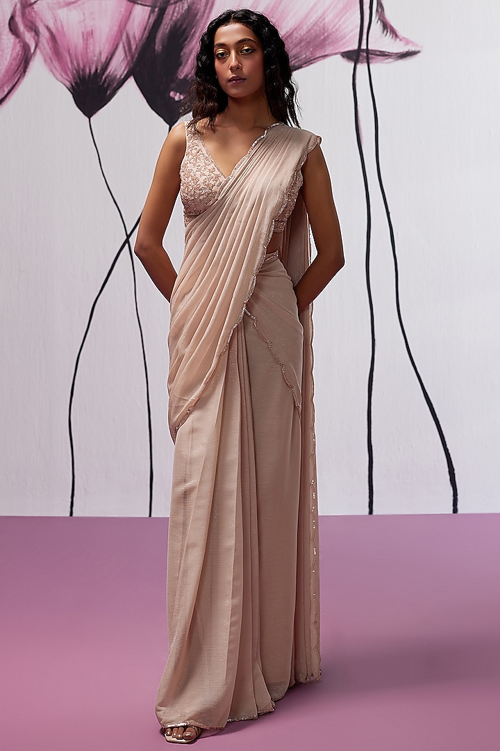 Nude Soft Georgette Hand Embroidered Pre-Stitched Saree Set by Zoon Tribe