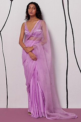 Purple Chiffon & Silk Organza Pre-Stitched Draped Saree Set by Zoon Tribe