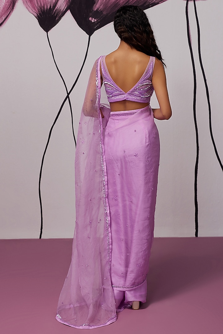 Purple Chiffon & Silk Organza Pre-Stitched Draped Wedding Saree Set by Zoon Tribe at Pernia's Pop Up Shop