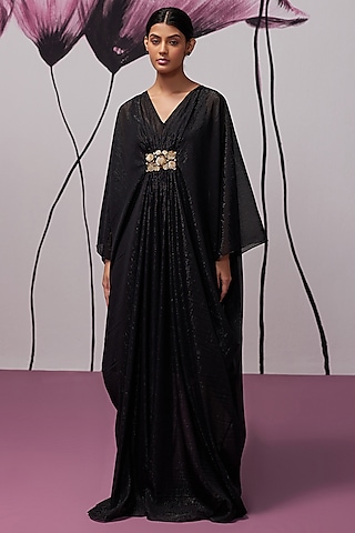 Black Soft Georgette Motif Hand Embroidered Kaftan by Zoon Tribe