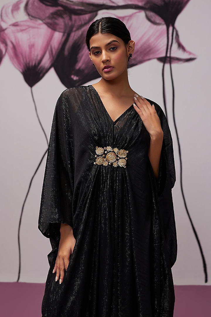 Black Soft Georgette Motif Hand Embroidered Kaftan by Zoon Tribe at Pernia's Pop Up Shop