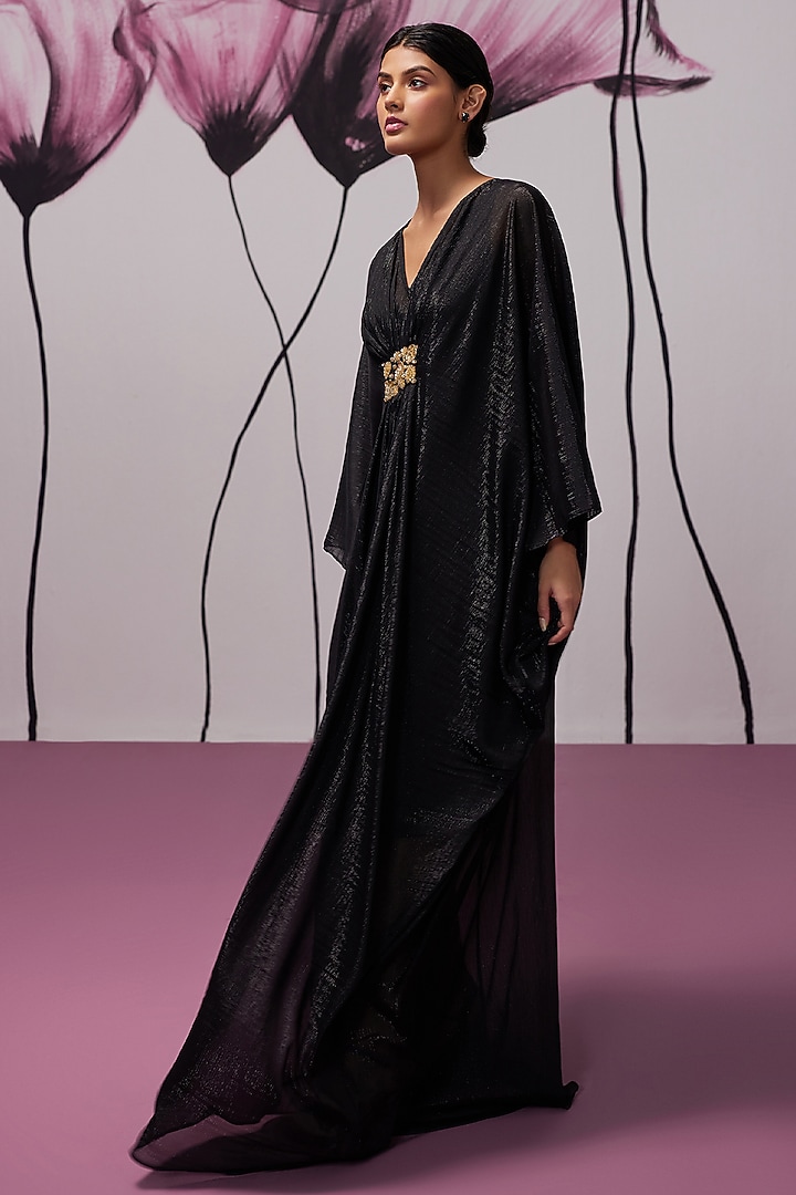 Black Soft Georgette Motif Hand Embroidered Kaftan by Zoon Tribe at Pernia's Pop Up Shop