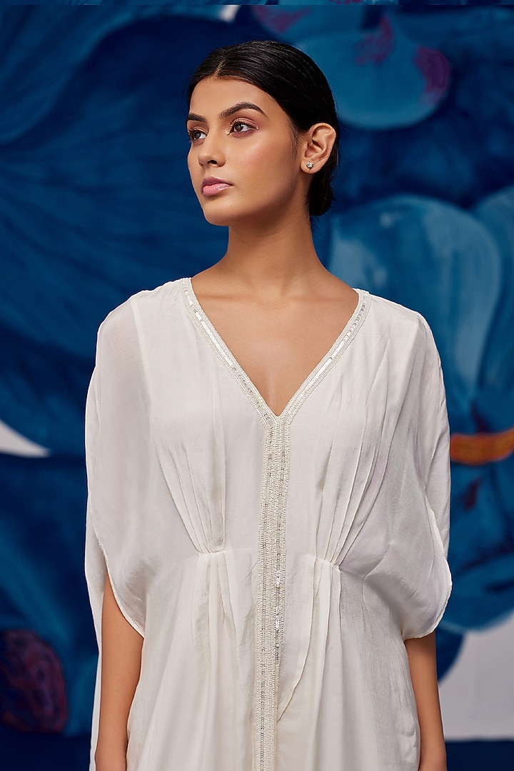 Ivory Muslin Hand Embroidered Kaftan by Zoon Tribe at Pernia's Pop Up Shop