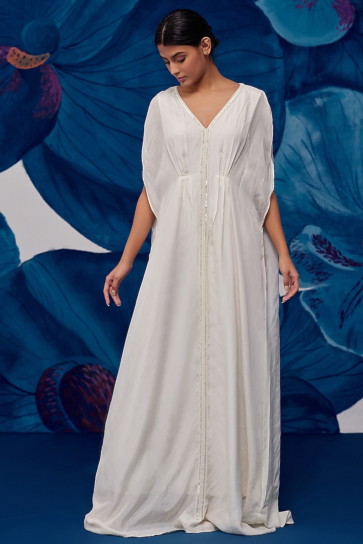 Ivory Muslin Hand Embroidered Kaftan by Zoon Tribe at Pernia's Pop Up Shop