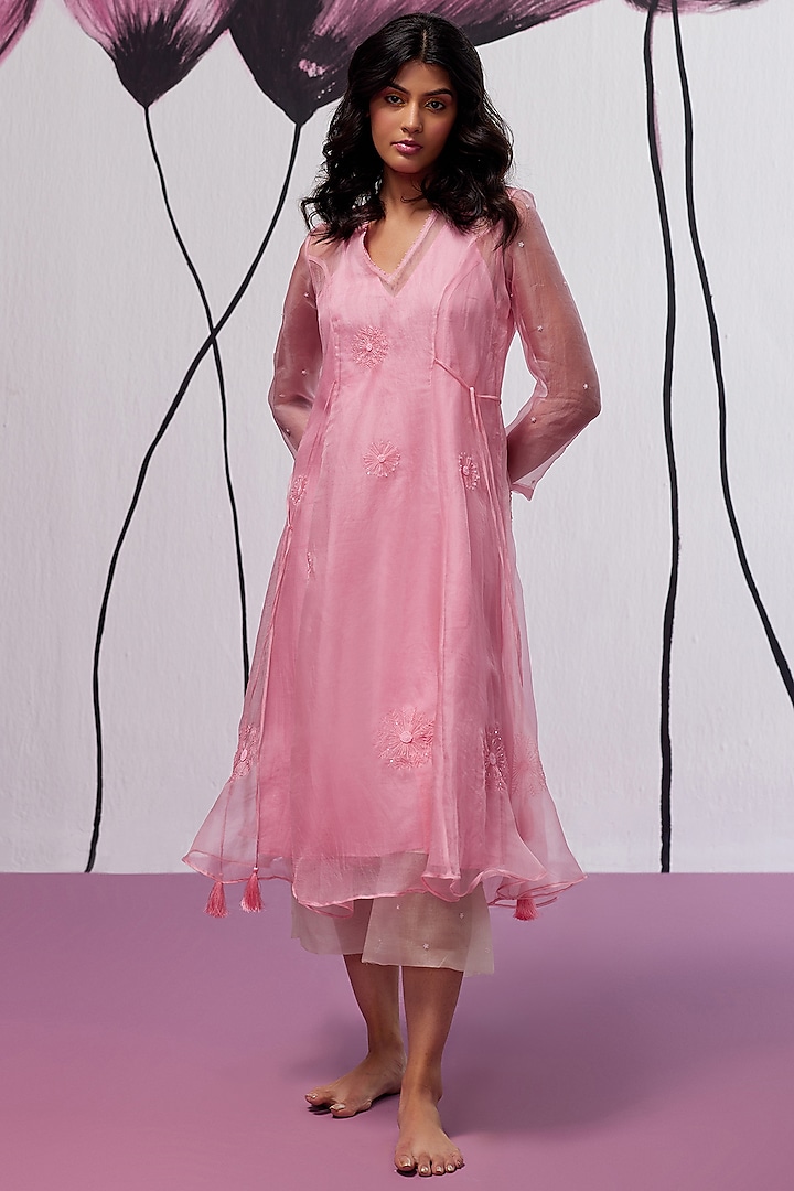Pink Pure Silk Organza Motif Hand Embroidered Kurta Set by Zoon Tribe
