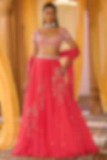 Soft Coral Pink Organza Hand Embroidered Wedding Lehenga Set by Zoon Tribe at Pernia's Pop Up Shop