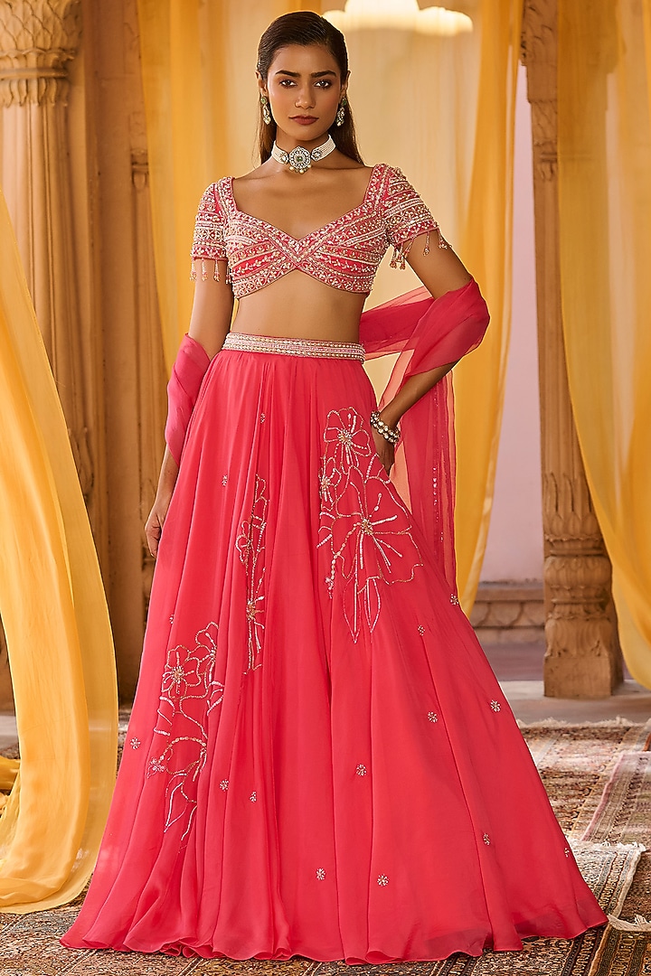 Soft Coral Pink Organza Hand Embroidered Wedding Lehenga Set by Zoon Tribe at Pernia's Pop Up Shop