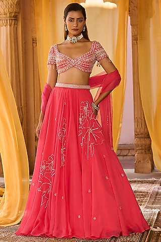 Soft Coral Pink Organza Hand Embroidered Lehenga Set by Zoon Tribe