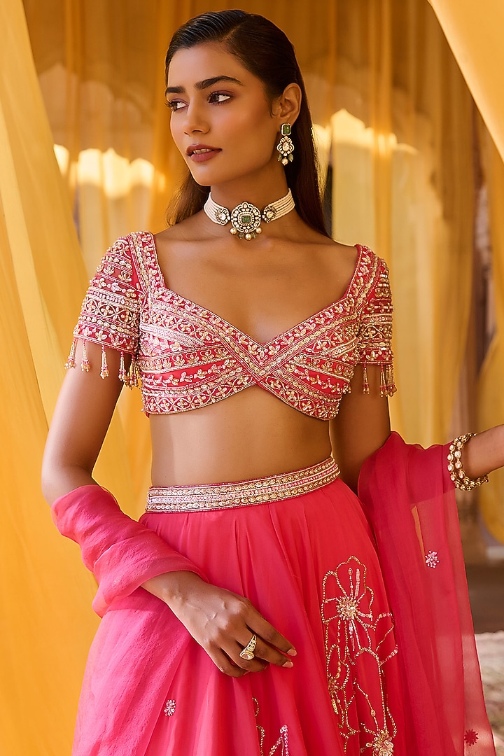Soft Coral Pink Organza Hand Embroidered Wedding Lehenga Set by Zoon Tribe at Pernia's Pop Up Shop