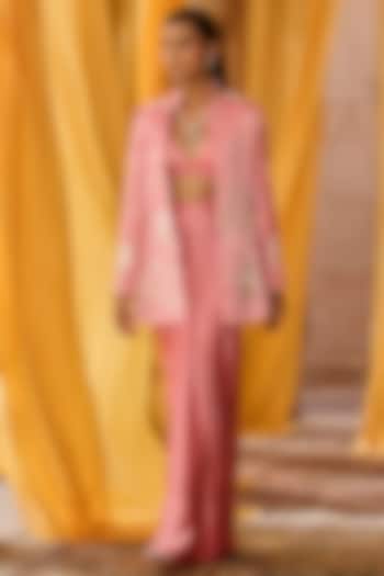 Rose Pink Satin Embroidered Jacket Set by Zoon Tribe at Pernia's Pop Up Shop