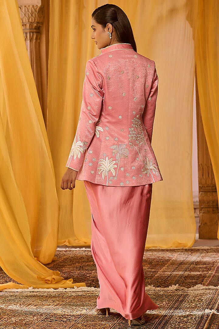 Rose Pink Satin Embroidered Jacket Set by Zoon Tribe at Pernia's Pop Up Shop