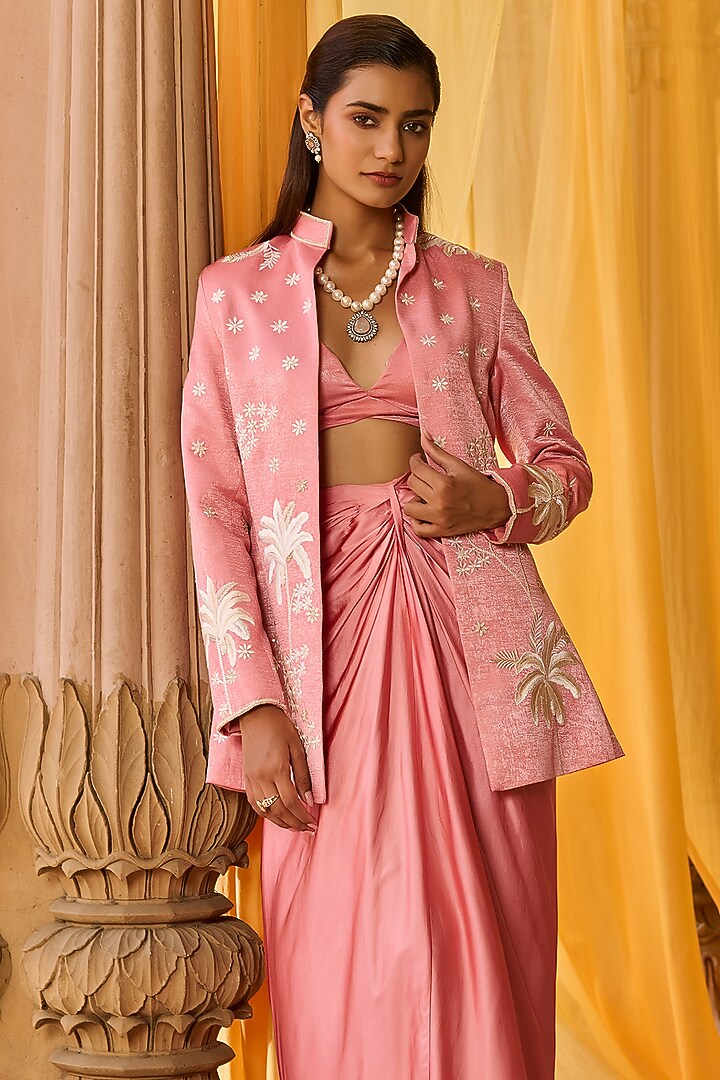 Rose Pink Satin Embroidered Jacket Set by Zoon Tribe at Pernia's Pop Up Shop