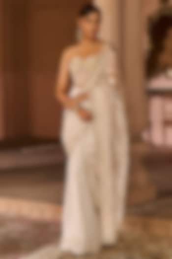 Platinum Grey Organza Embroidered Pre-Stitched Wedding Saree Set by Zoon Tribe at Pernia's Pop Up Shop