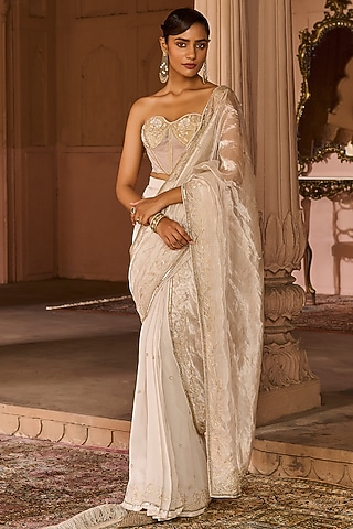 Platinum Grey Organza Embroidered Pre-Stitched Saree Set by Zoon Tribe