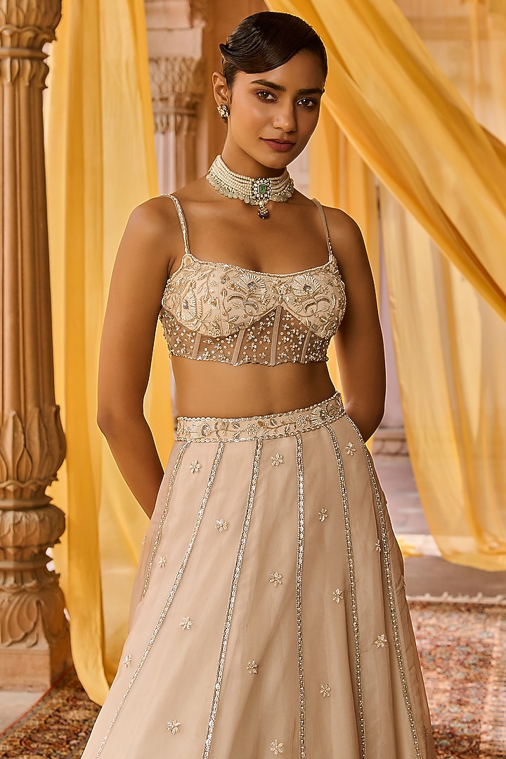 Ash Colored Pure Silk Organza Hand Embroidered Wedding Lehenga Set by Zoon Tribe at Pernia's Pop Up Shop