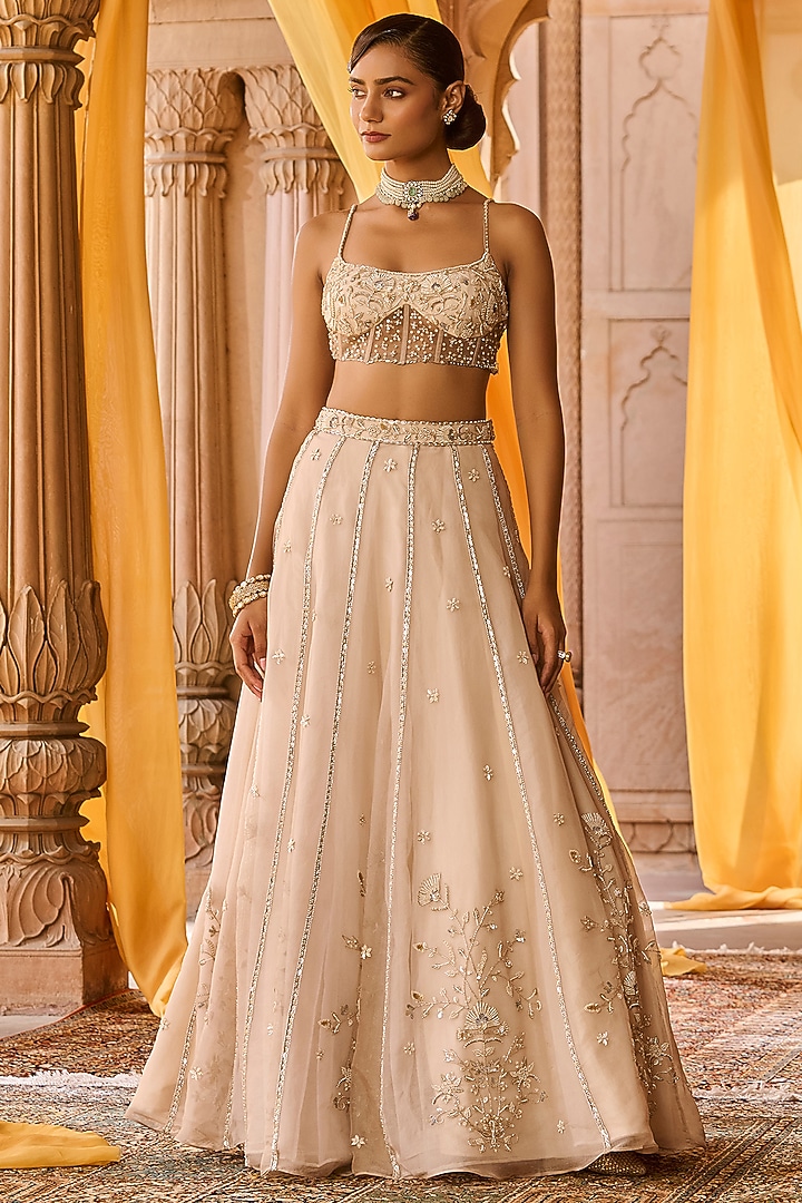 Ash Colored Pure Silk Organza Hand Embroidered Wedding Lehenga Set by Zoon Tribe at Pernia's Pop Up Shop