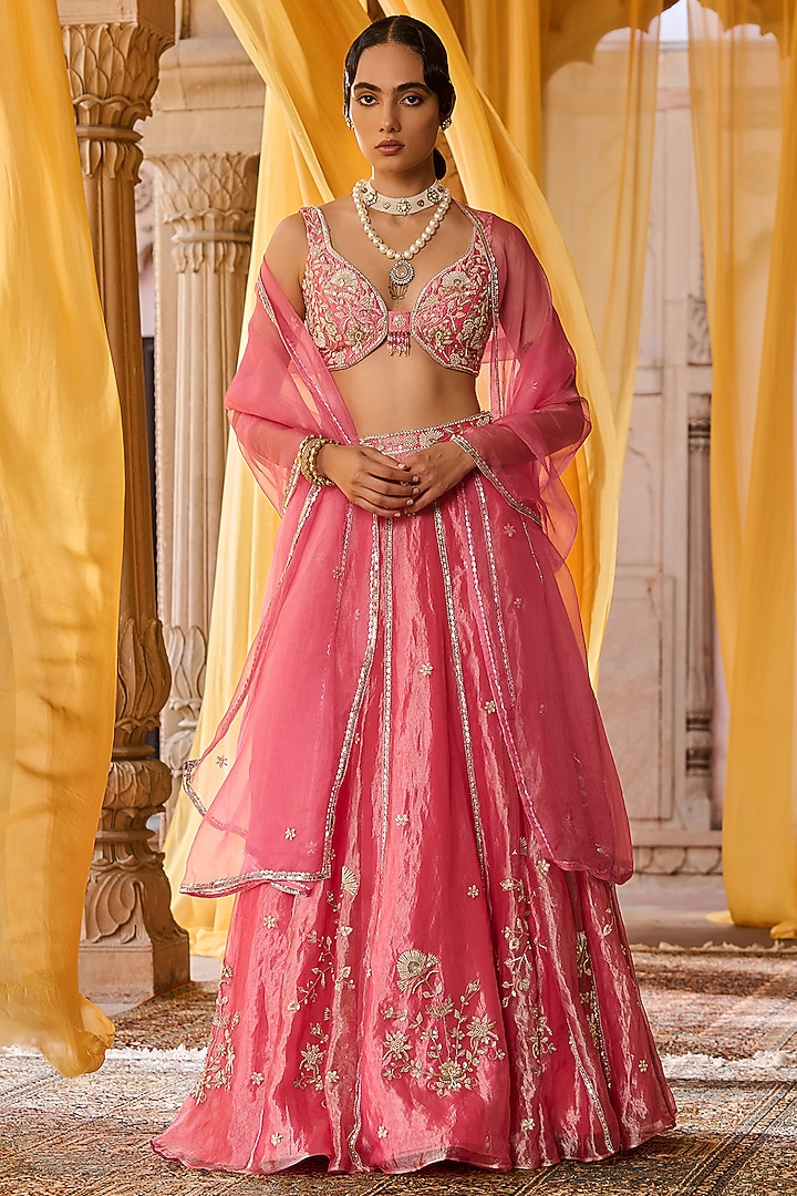 Pink Tissue Hand Embroidered Wedding Lehenga Set by Zoon Tribe at Pernia's Pop Up Shop