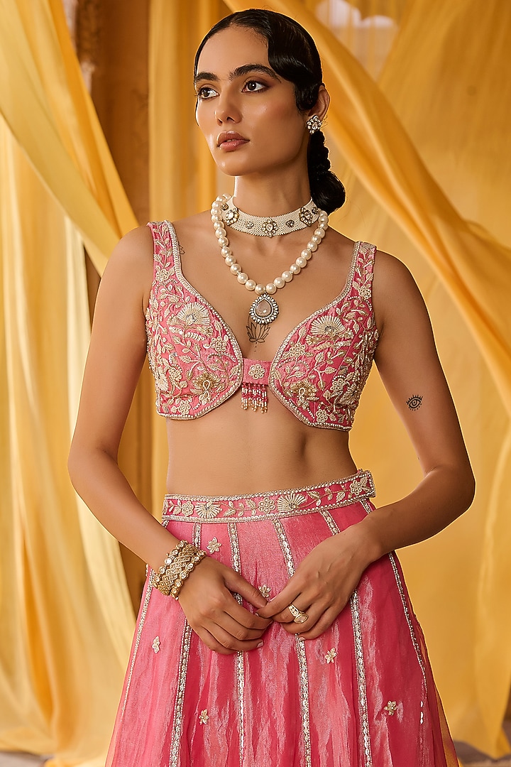 Pink Tissue Hand Embroidered Wedding Lehenga Set by Zoon Tribe at Pernia's Pop Up Shop