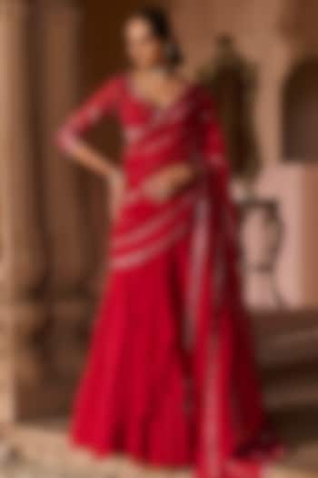 Sindoori Red Organza Hand Embroidered Pre-Stitched Wedding Saree Set by Zoon Tribe at Pernia's Pop Up Shop