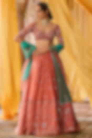 Coral Silk Organza Hand Embroidered Wedding Lehenga Set by Zoon Tribe at Pernia's Pop Up Shop