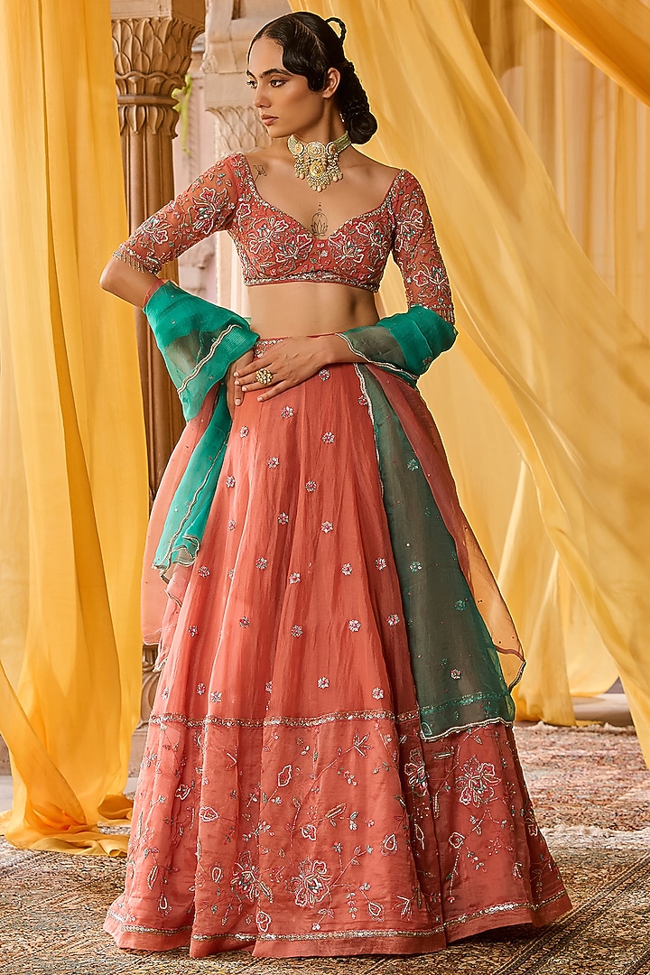 Coral Silk Organza Hand Embroidered Wedding Lehenga Set by Zoon Tribe at Pernia's Pop Up Shop