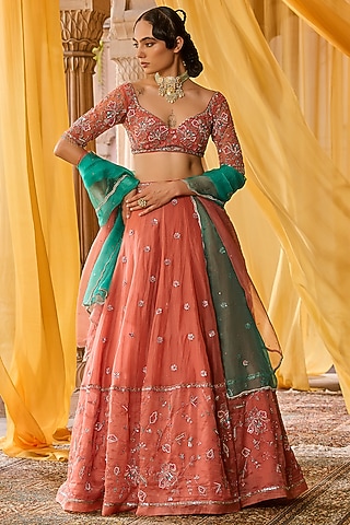 Coral Silk Organza Hand Embroidered Lehenga Set by Zoon Tribe