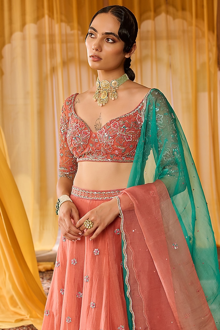 Coral Silk Organza Hand Embroidered Wedding Lehenga Set by Zoon Tribe at Pernia's Pop Up Shop