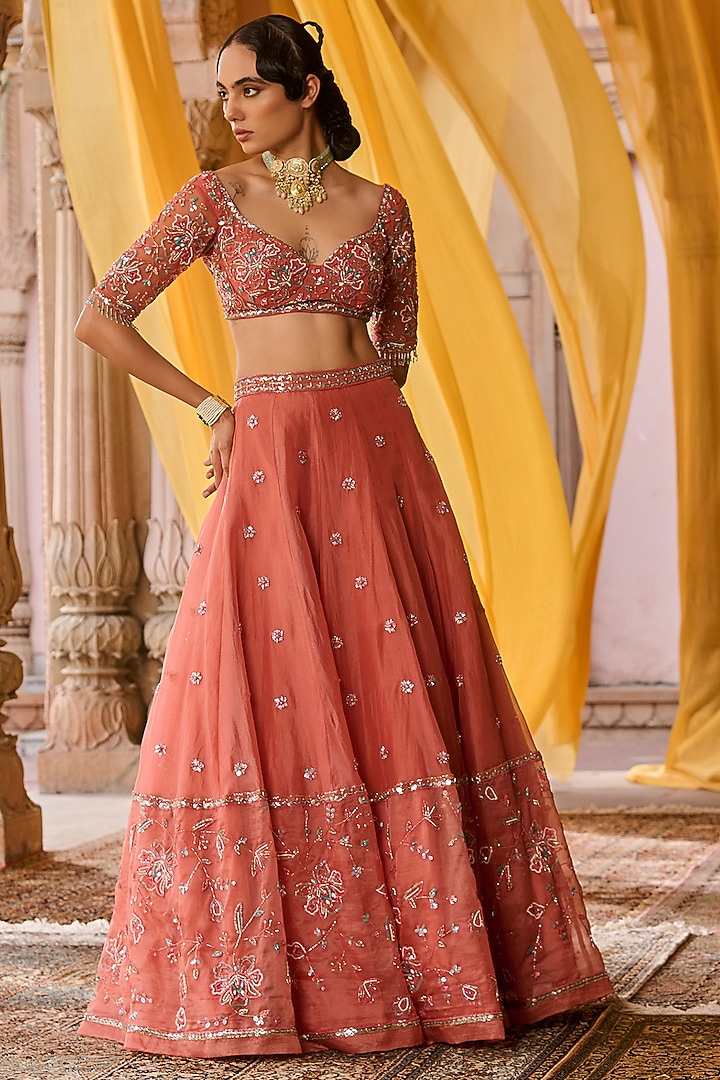 Coral Silk Organza Hand Embroidered Wedding Lehenga Set by Zoon Tribe at Pernia's Pop Up Shop