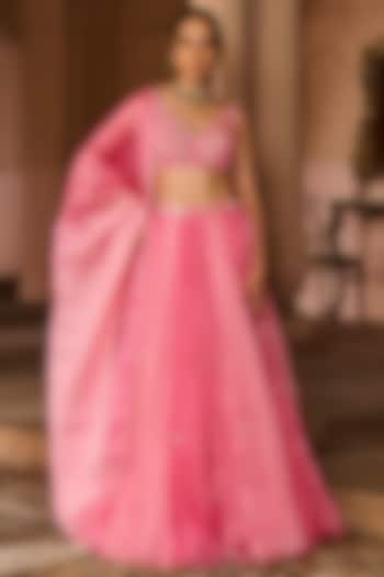 Pink Ombre Silk Organza Hand Embroidered Wedding Lehenga Set by Zoon Tribe at Pernia's Pop Up Shop