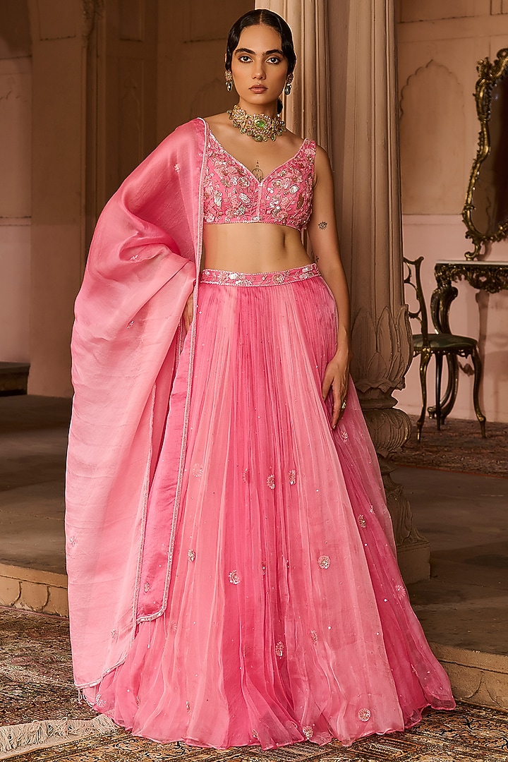Pink Ombre Silk Organza Hand Embroidered Wedding Lehenga Set by Zoon Tribe at Pernia's Pop Up Shop