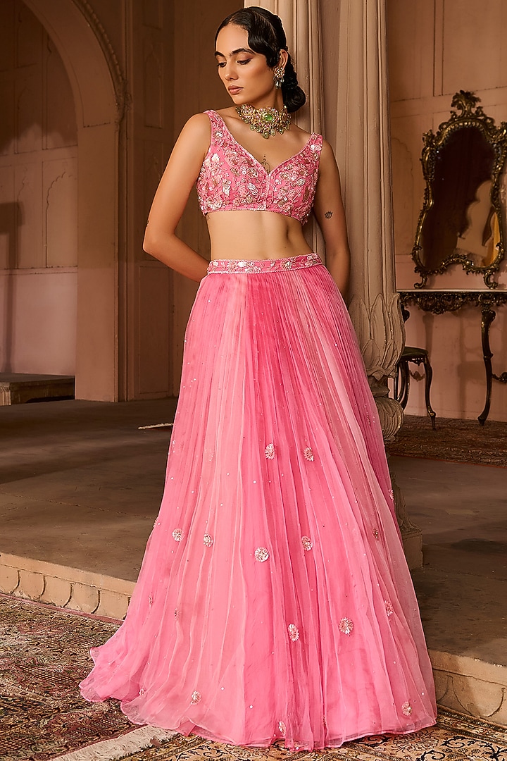 Pink Ombre Silk Organza Hand Embroidered Wedding Lehenga Set by Zoon Tribe at Pernia's Pop Up Shop