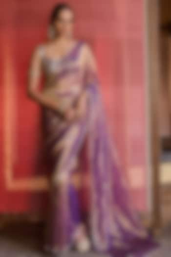 Purple Silk Tissue Hand Embroidered Wedding Saree Set by Zoon Tribe at Pernia's Pop Up Shop