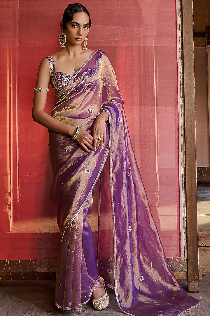 Purple Silk Tissue Hand Embroidered Wedding Saree Set by Zoon Tribe at Pernia's Pop Up Shop