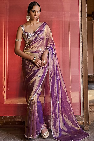 Purple Silk Tissue Hand Embroidered Saree Set by Zoon Tribe
