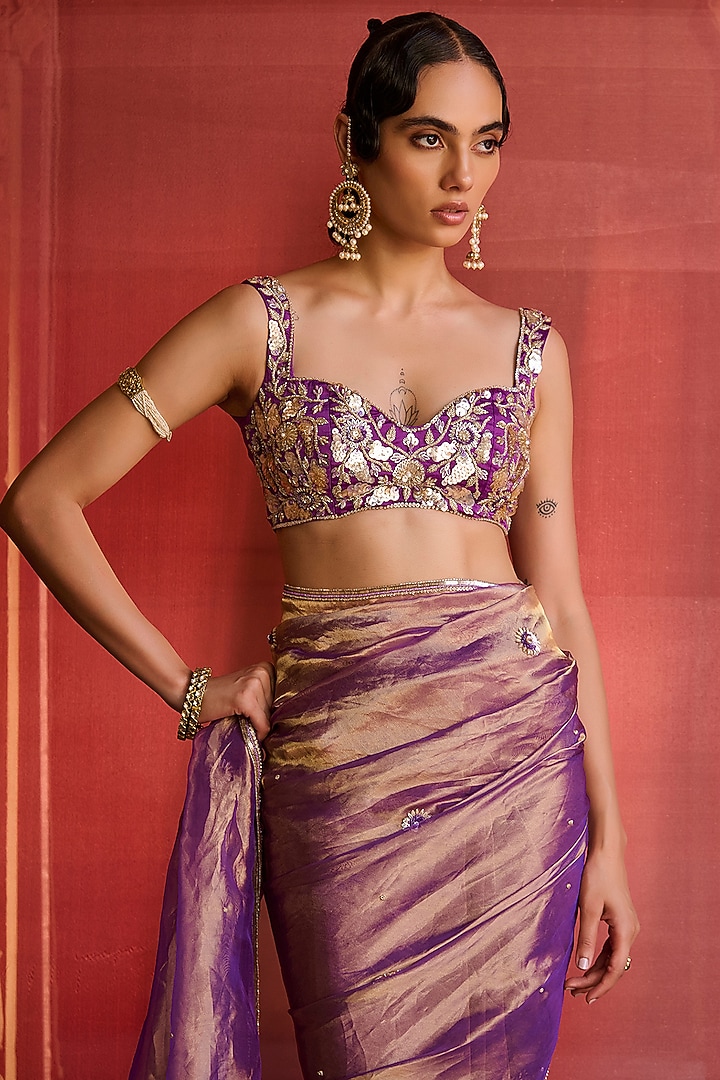 Purple Silk Tissue Hand Embroidered Wedding Saree Set by Zoon Tribe at Pernia's Pop Up Shop