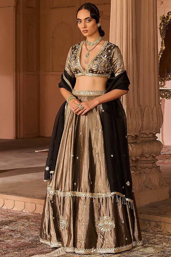 Copper Tissue Hand Embroidered Wedding Lehenga Set by Zoon Tribe at Pernia's Pop Up Shop