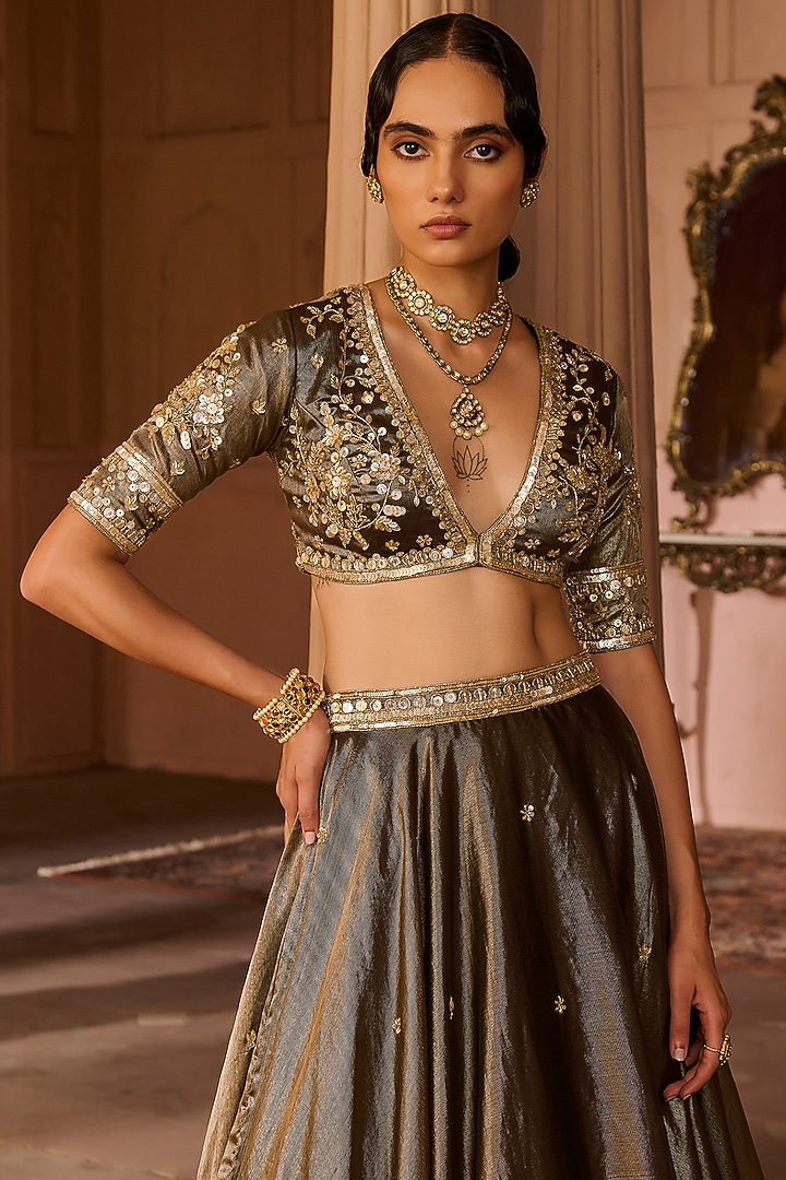 Copper Tissue Hand Embroidered Wedding Lehenga Set by Zoon Tribe at Pernia's Pop Up Shop