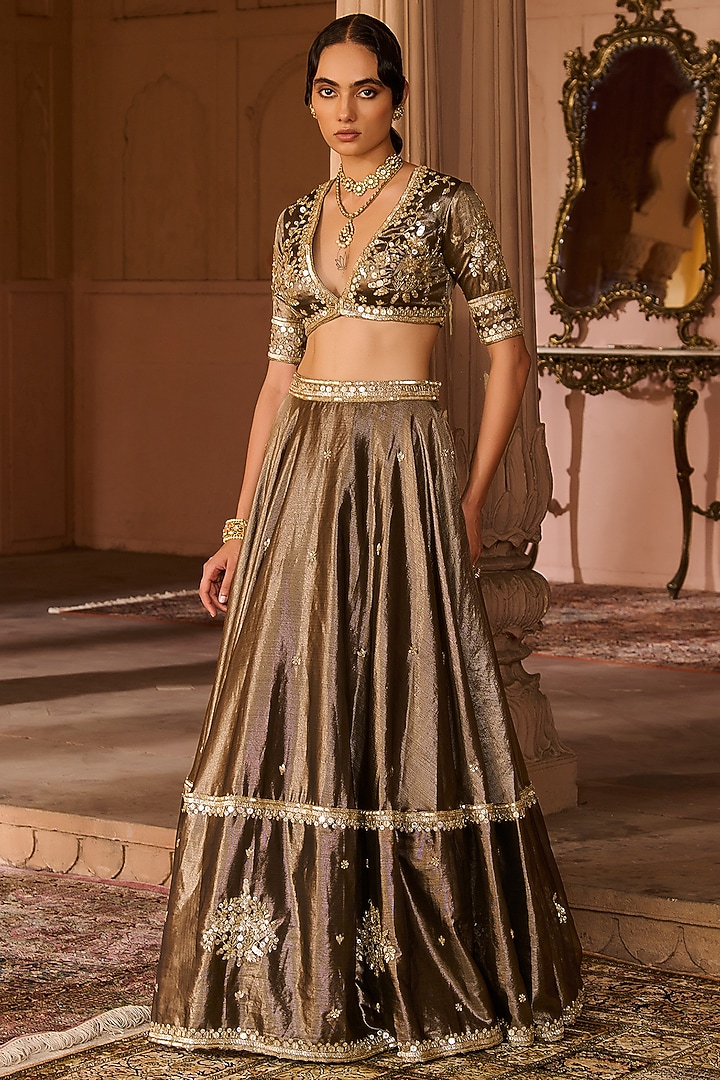 Copper Tissue Hand Embroidered Wedding Lehenga Set by Zoon Tribe at Pernia's Pop Up Shop